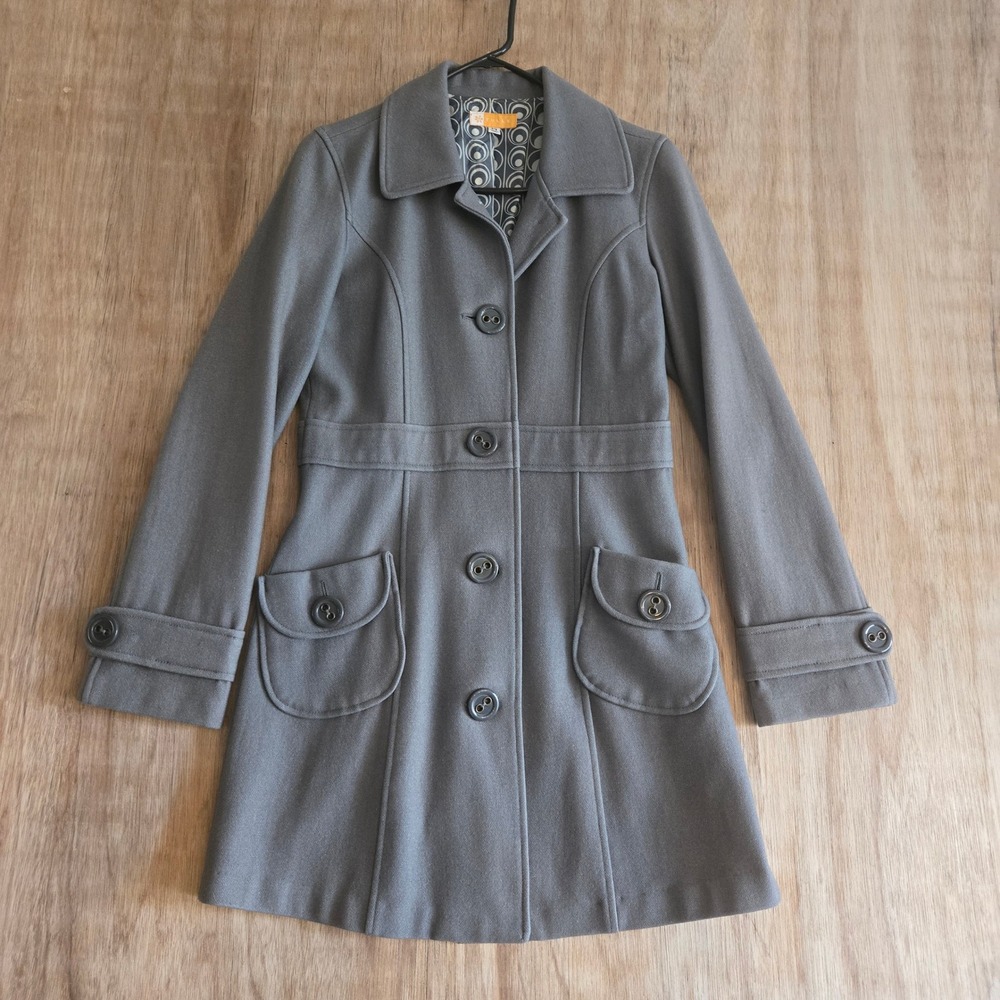 Sage Wool Blend Button Up Pea Coat Geometric Satin Lining Jacket Womens  M Tulle